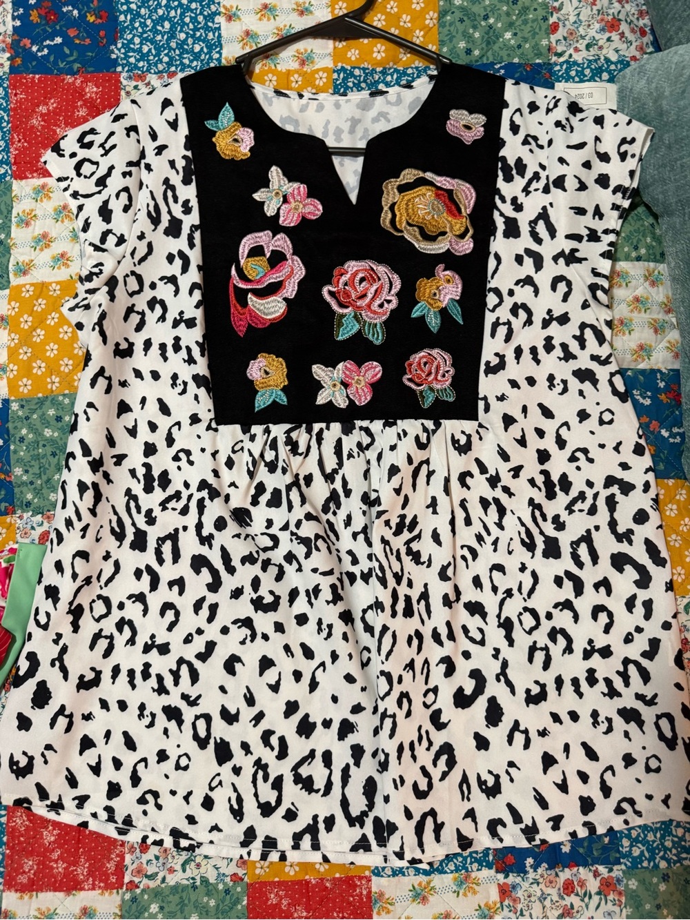 Embroidered Floral Bib Leopard Print Tunic
